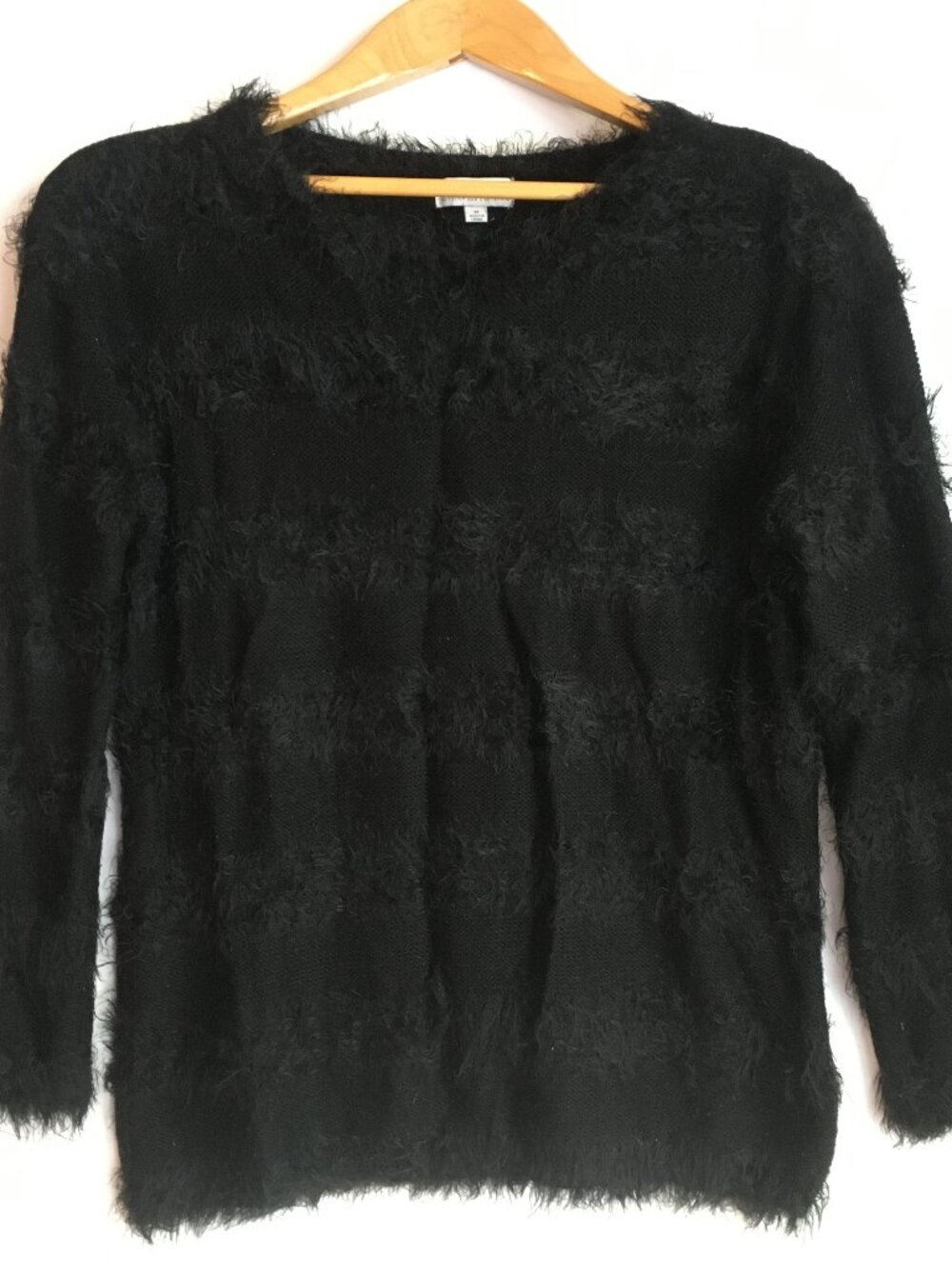 Black Silky Sweater M Soft Eyelash Fuzzy Striped Fringe Joseph A